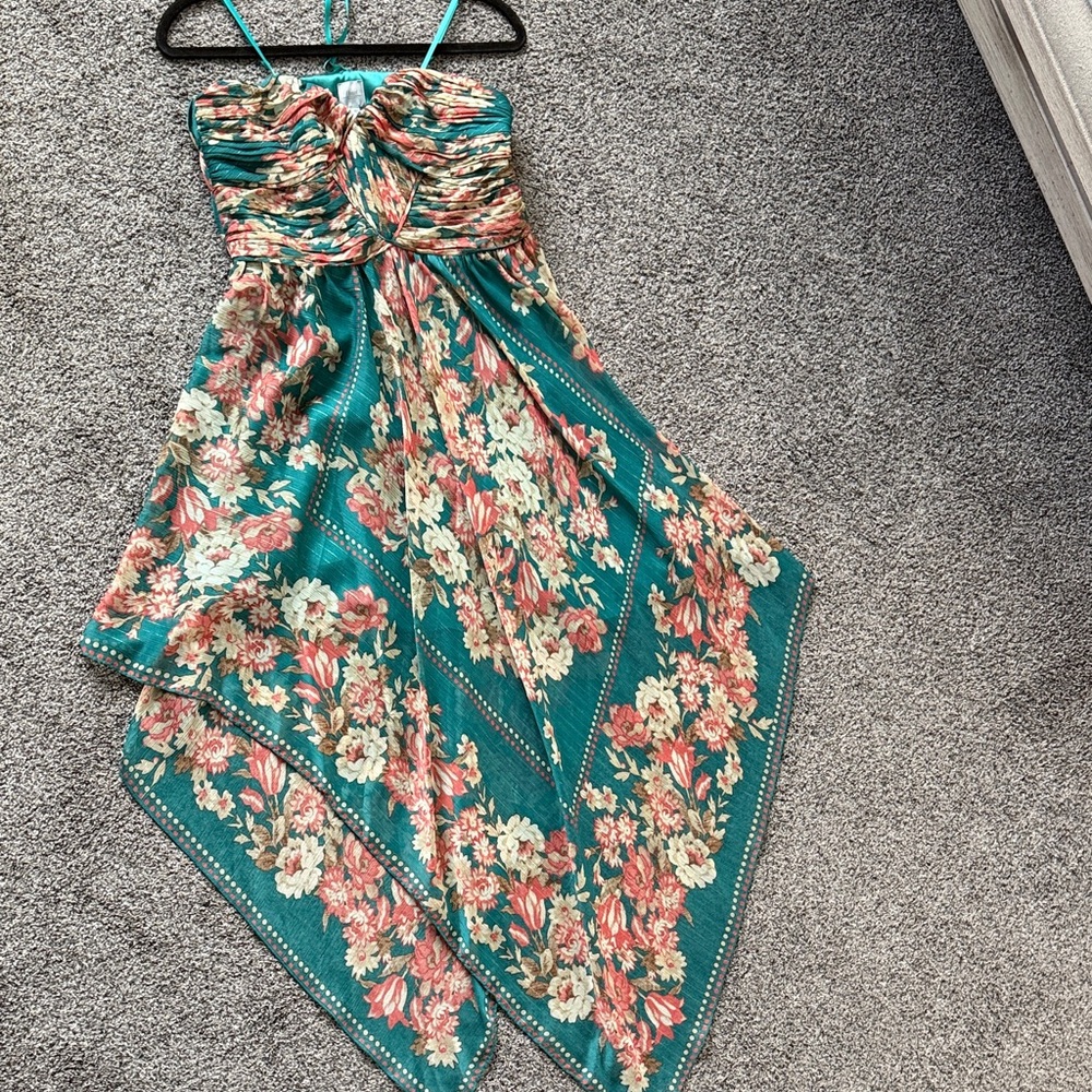 Pearl Georgina Chapman Asymmetrical Teal Floral Dress